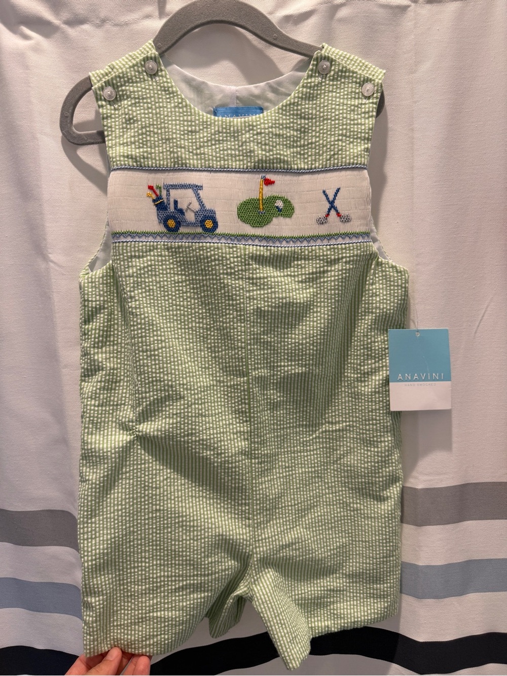 Anavini Green Seersucker Golf Smocked One-Piece